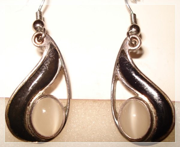10-0057  SAJEN YING YANG MOONSTONE / BLACK STERLING EARRINGS