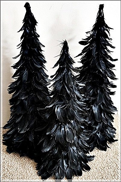 25-0155 SET OF THREE BLACK FEATHER TABLETOP TREES 25-0155 SET OF THREE BLACK FEATHER TABLETOP TREES