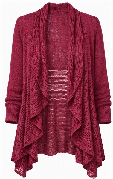 26-0552 RELATIVITY Burgundy Open‑Front Waterfall Knit Cardigan 26-0552 RELATIVITY Burgundy Open‑Front Waterfall Knit Cardigan