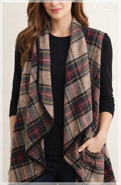 26-0568A PLAID WATERFALL STYLE VEST - VLD