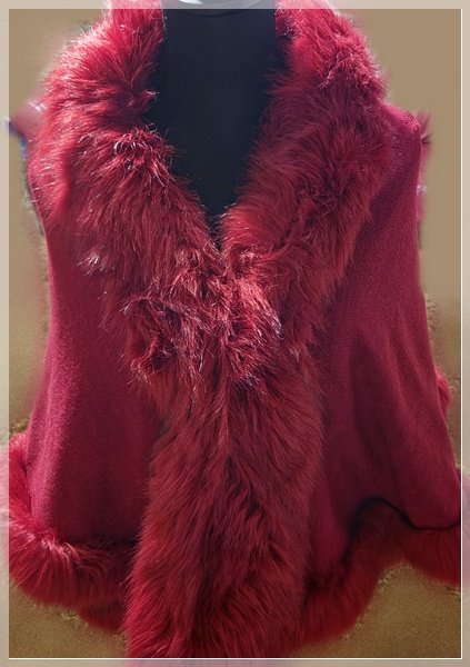 RED FAUX FUR TRIM KNIT SWEATER CAPE PONCHO WRAP -OSFA - Image 2