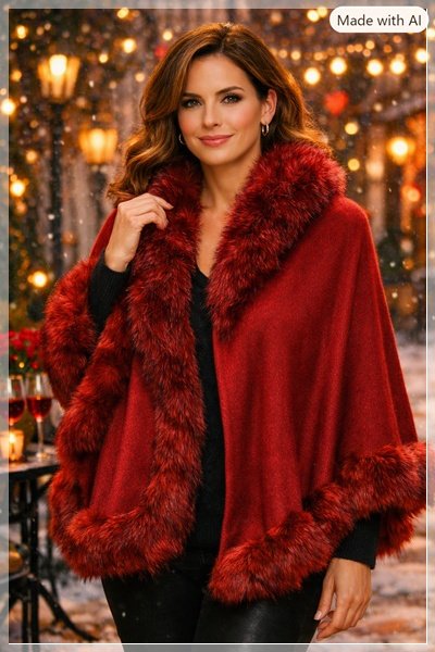 RED FAUX FUR TRIM KNIT SWEATER CAPE PONCHO WRAP -OSFA