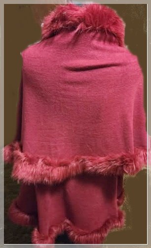 RED FAUX FUR TRIM KNIT SWEATER CAPE PONCHO WRAP -OSFA - Image 3